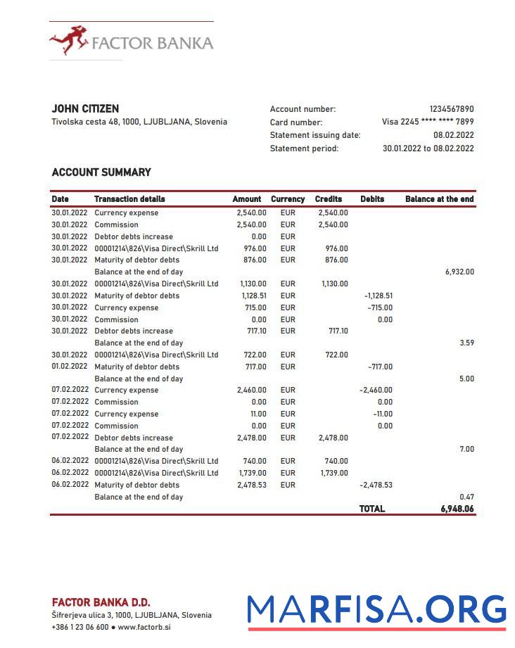 Printable Slovenia Factor Banka bank statement excel download for verification